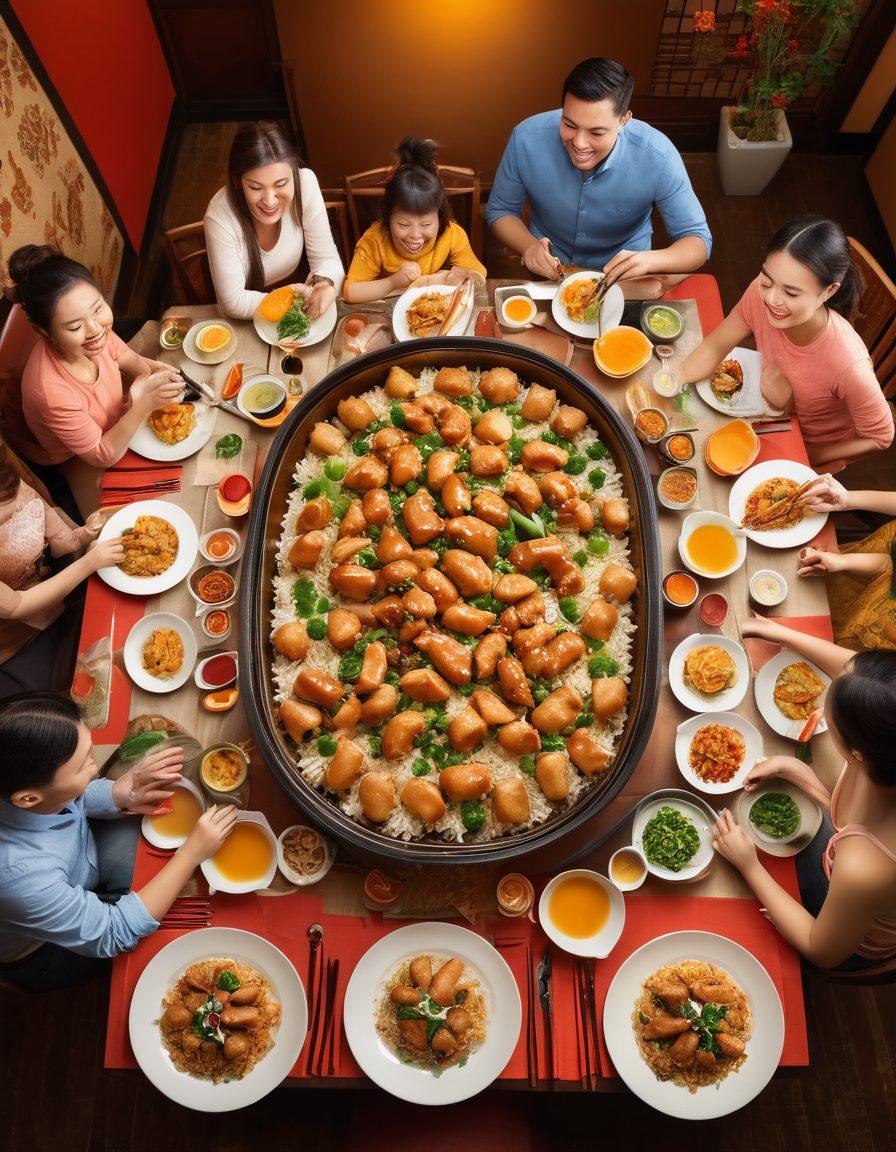 A vibrant table setting filled with delicious Panda Express dishes, showcasing orange chicken, fried rice, and spring rolls, surrounded by happy family members enjoying their meal together. The background includes a warm, inviting restaurant ambiance with subtle Chinese decor elements. The scene captures the joy of family dining and the appeal of the food. super-realistic. vibrant colors. warm tones.