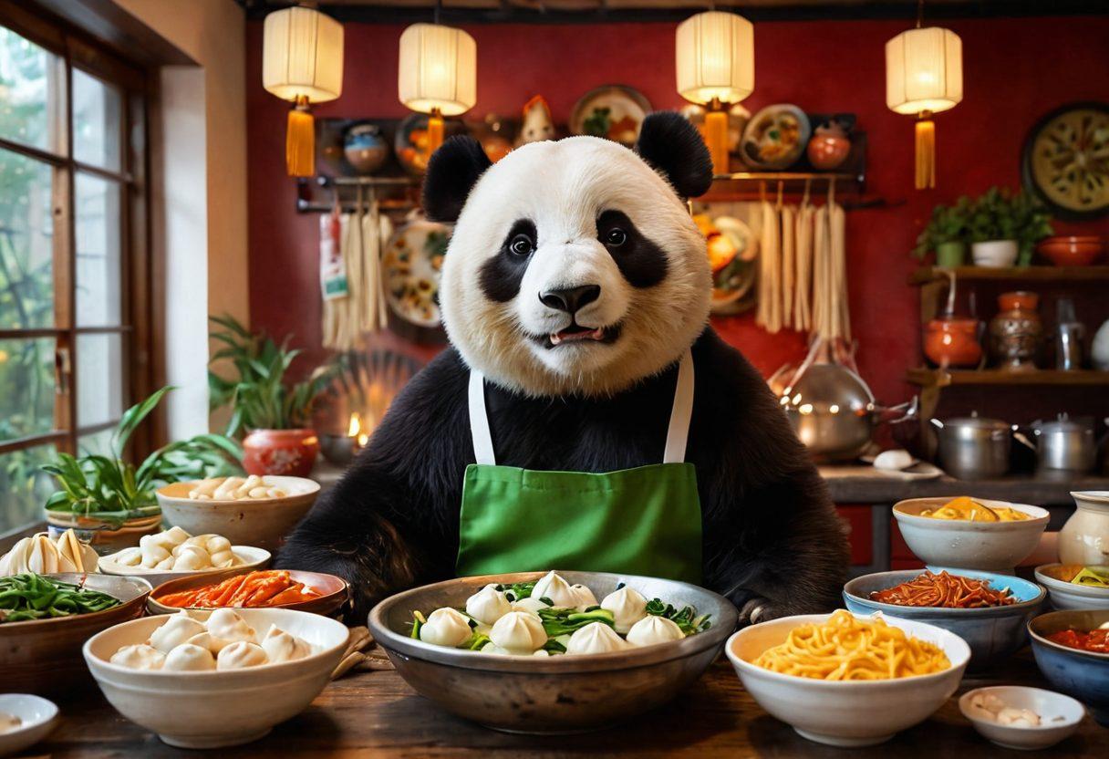 A vibrant, inviting scene of a cheerful panda chef joyfully preparing delicious Chinese dishes in a cozy kitchen filled with colorful ingredients. The panda is surrounded by steaming bowls of noodles and dumplings, with a warm glow from lanterns overhead. Include playful happiness in the expression of the panda as customers eagerly await their meals. super-realistic. vibrant colors. cozy atmosphere.